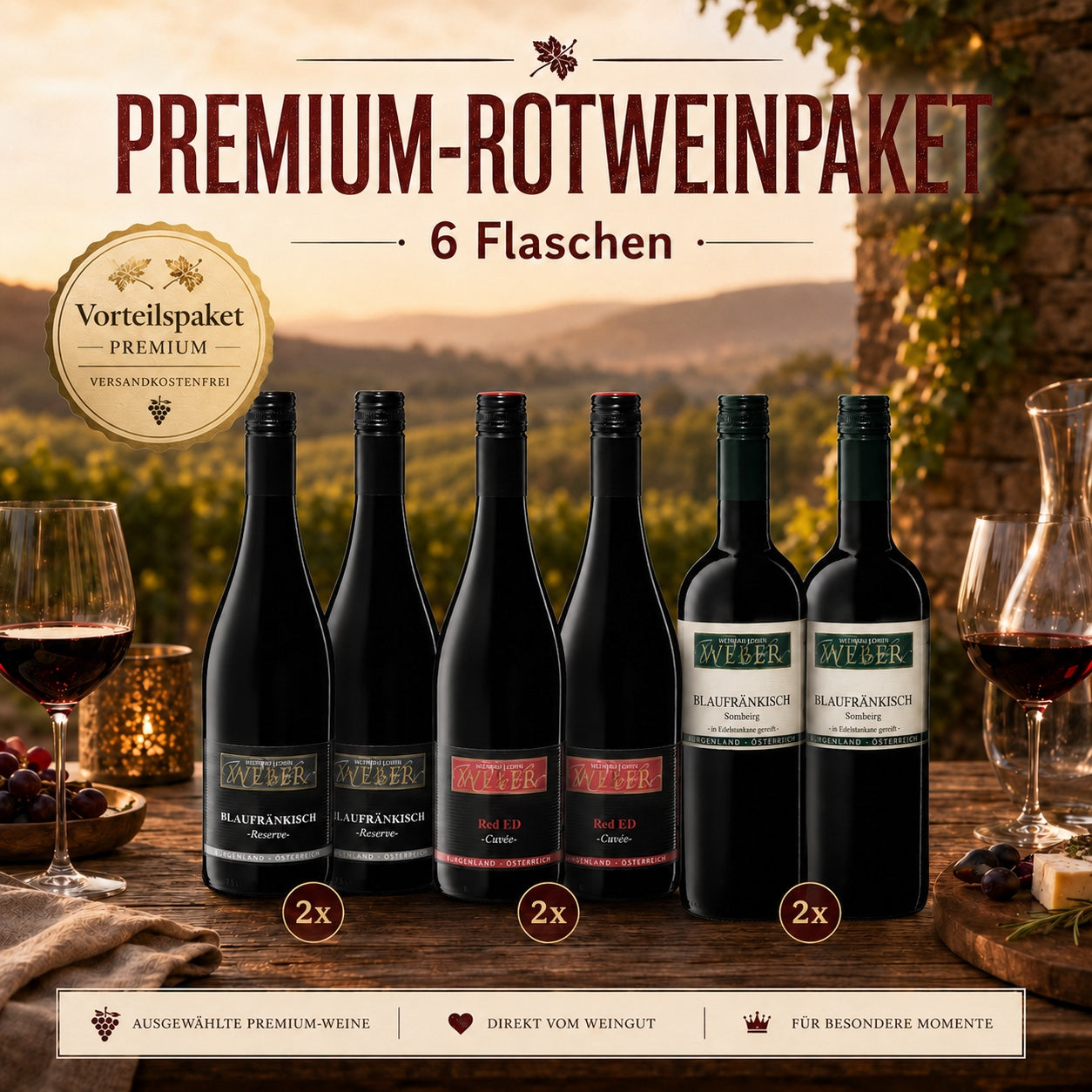 Premium-Rotweinpaket mit sechs Flaschen im stimmungsvollen Weingarten-Ambiente
