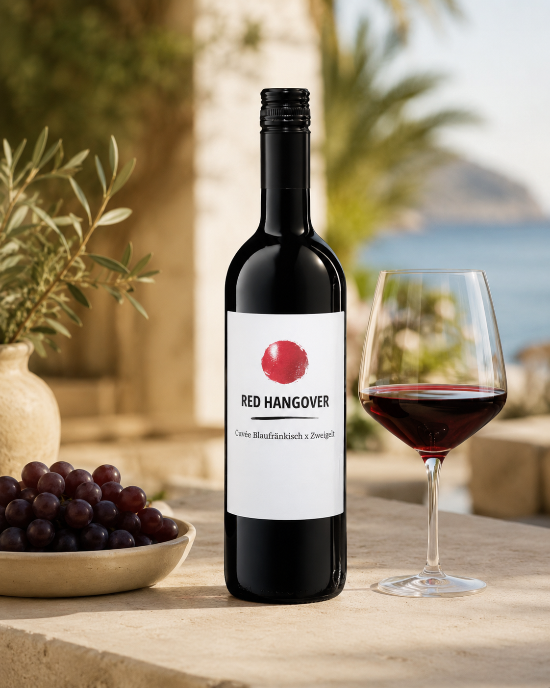Cuvée Red Hangover 2023 mit Rotweinglas auf sonnigem Terrassentisch