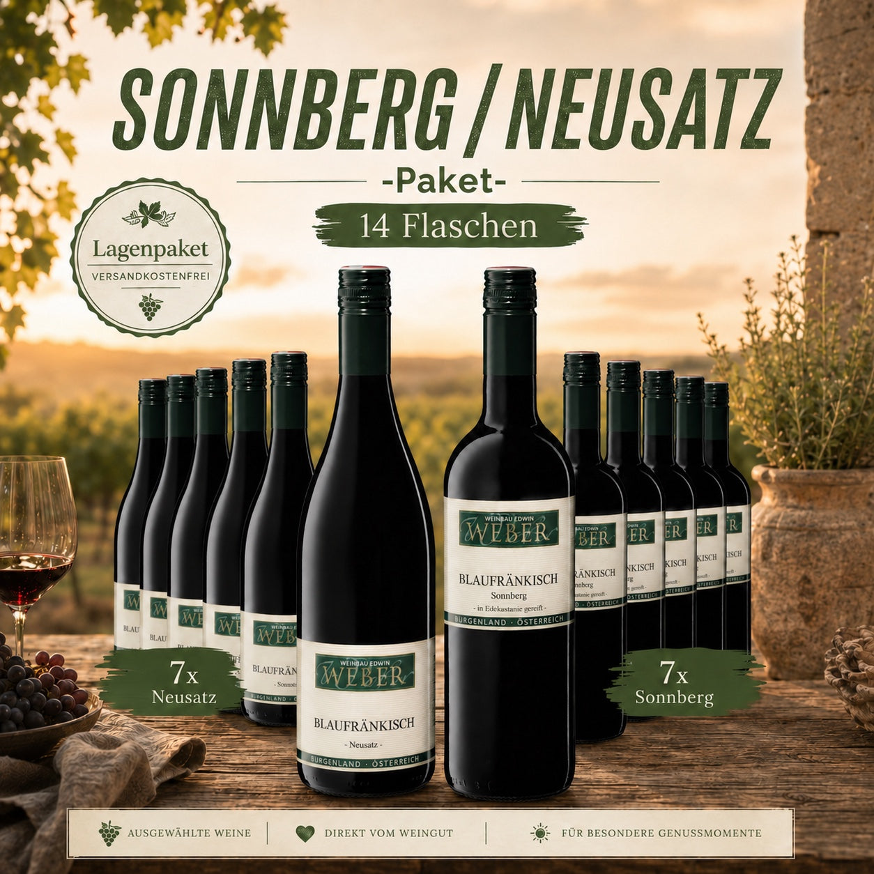 Sonnberg-Neusatz-Paket mit vierzehn Flaschen im sonnigen Weingarten-Ambiente